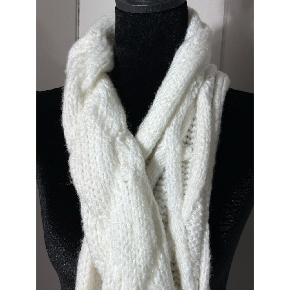 Aerie Scarf Womens Ivory Cream Chunky Cable Knit Bobble Tassel Fringe Winter - Picture 3 of 3